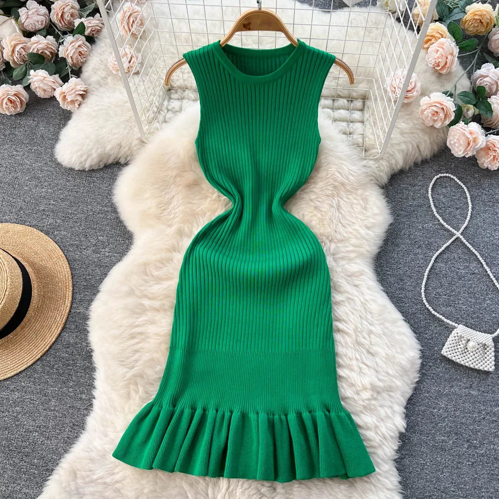 Summer Knitted Bodycon Sexy Dress 2026 O Neck Sleeveless Ruffled Party Sundress High Street Elastic Slim Short Dress